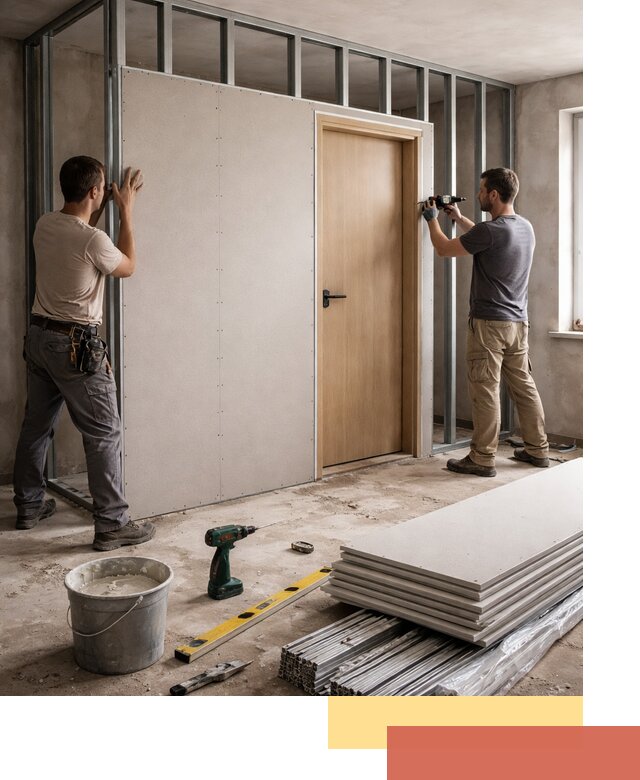 Перегородка из гипсокартона с дверью под ключ в Пензе