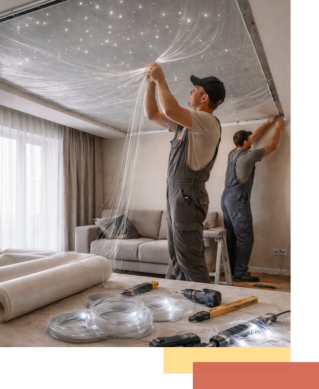 Монтаж натяжного потолка «Звездное небо» в Пензе