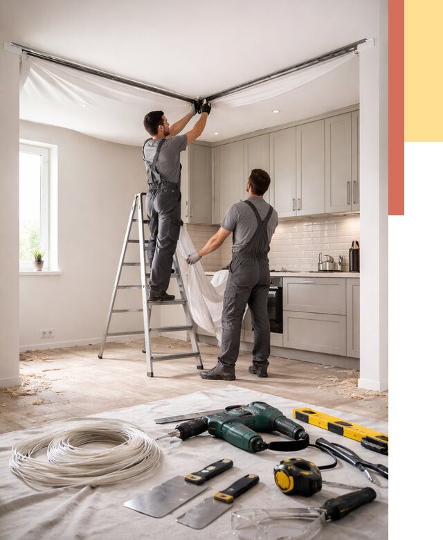 Установка натяжного потолка на кухне в Пензе от 2464 руб. | ОТДЕЛОЧНИК-Пнз