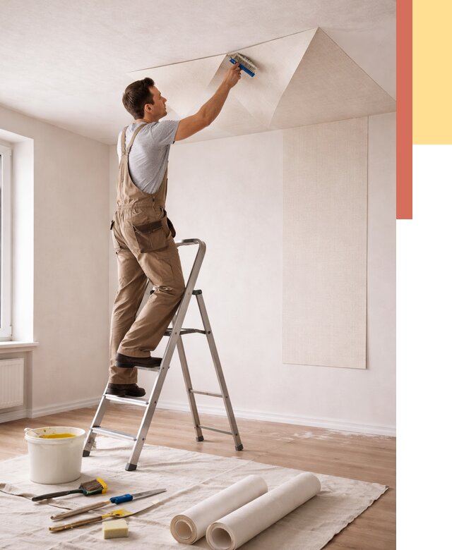 Поклейка обоев на потолок в Пензе от 4619 руб. быстро и недорого | ОТДЕЛОЧНИК-Пнз